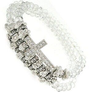 Silver Beaded Clear Faceted Crystal Beaded Cross Stretch Layering Bracelet